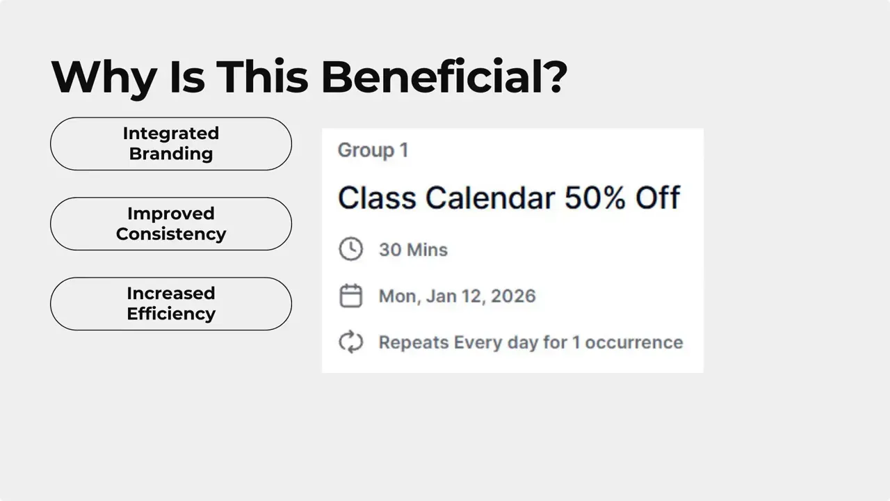Slide titled 'Why Is This Beneficial?' showing bullets: Integrated Branding, Improved Consistency, Increased Efficiency and a calendar card reading 'Class Calendar 50% Off'.
