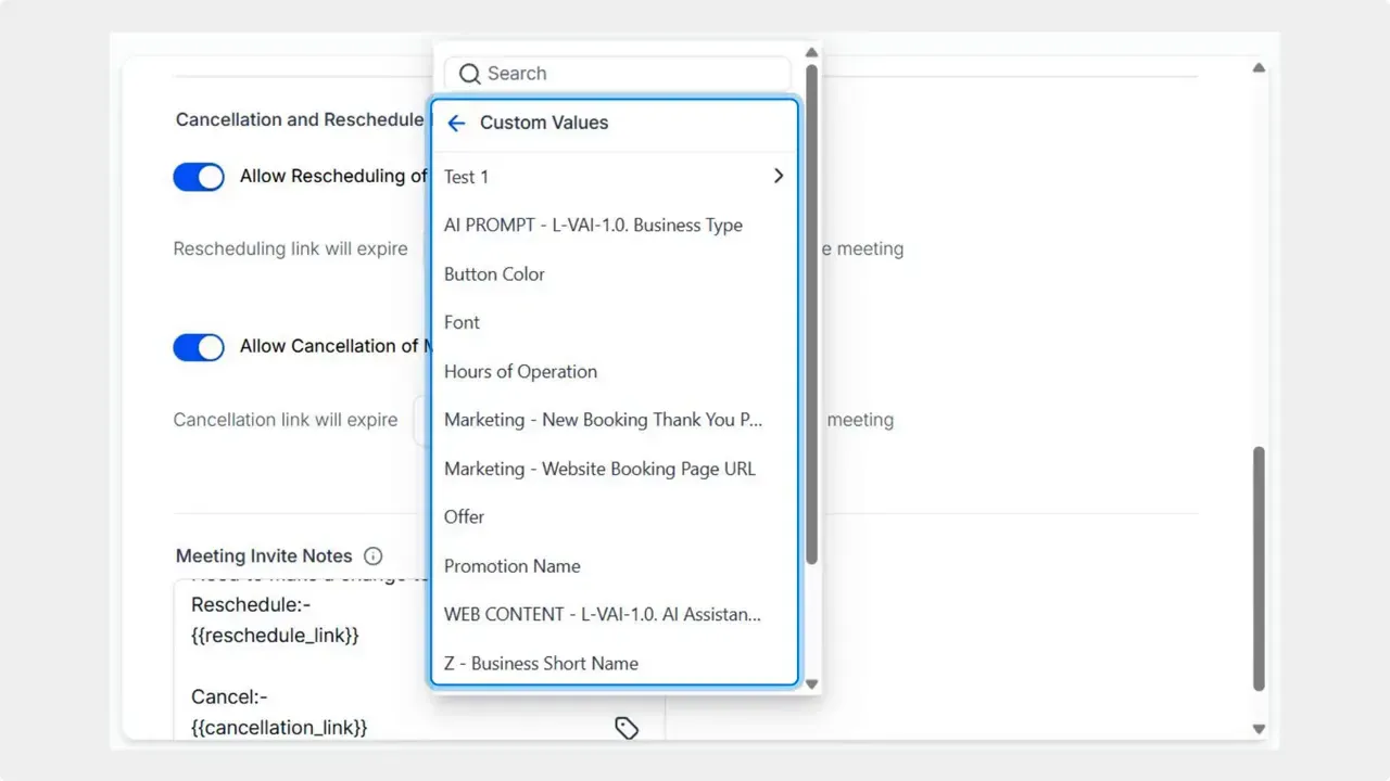 Custom Values selector showing a scrollable list of user-created values in calendar settings
