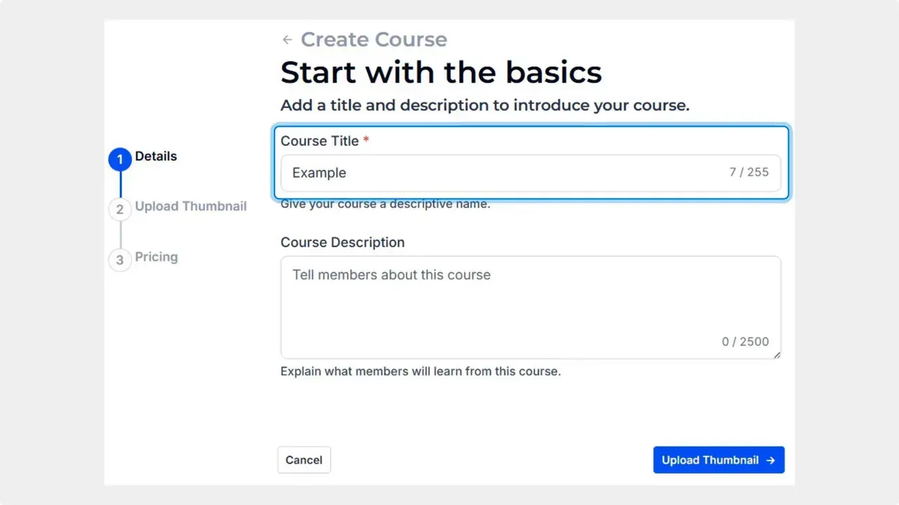 Create Course form titled 'Start with the basics' with the Course Title field selected and a description box below.