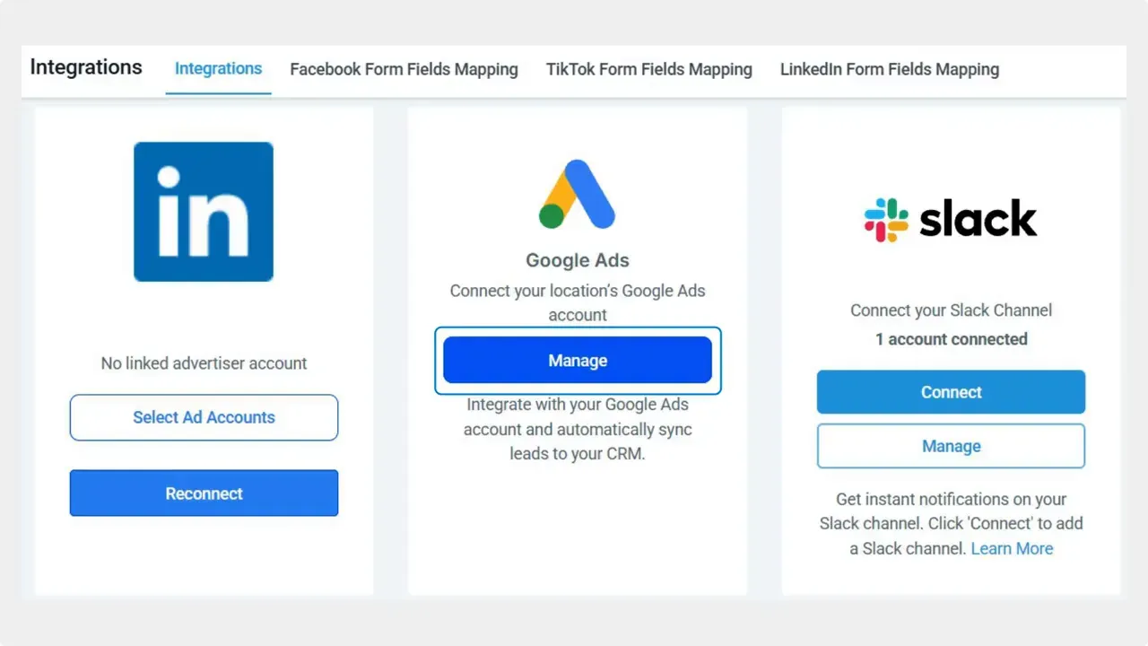 Integrations panel showing Google Ads card with a blue Manage button between LinkedIn and Slack integration cards