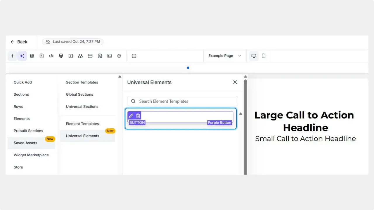 Page builder interface with the Universal Elements panel open, showing a saved purple button element and preview of the page on the right