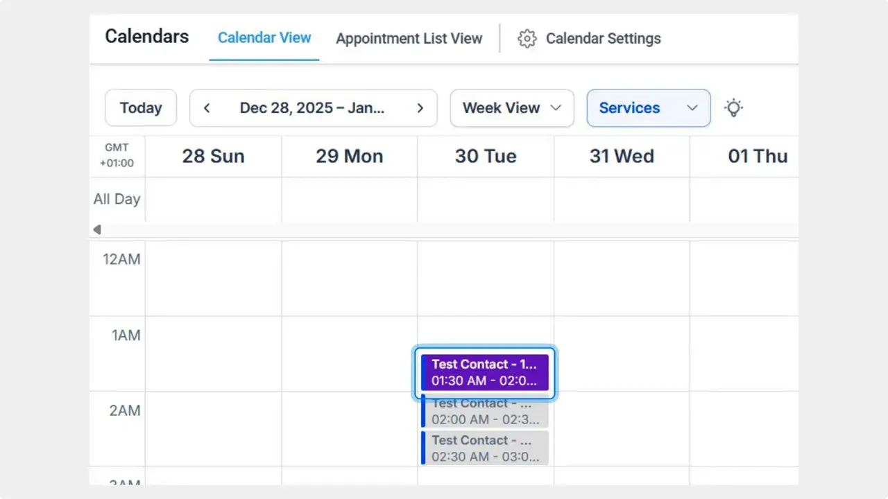Calendar week view showing a highlighted appointment block for 'Test Contact' at 1:30 AM