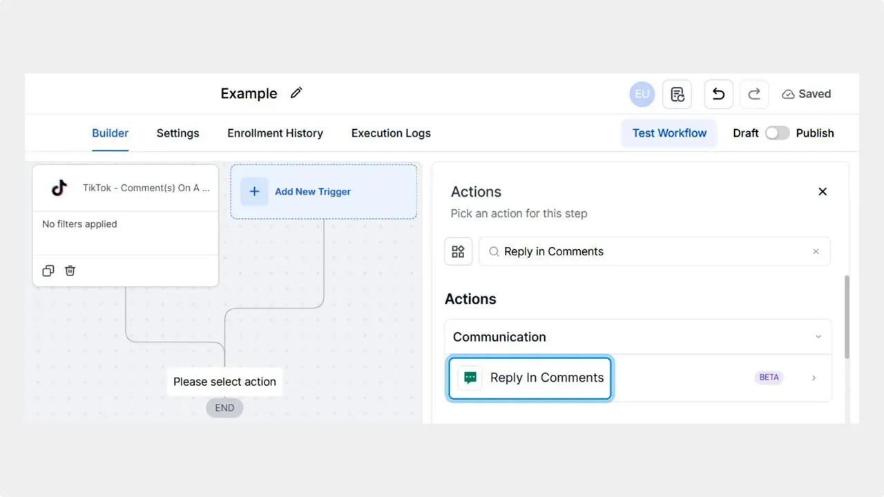 Adding the reply in comment action to the workflow