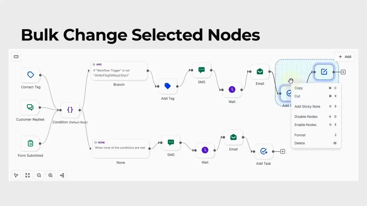 Advanced Builder canvas showing multiple nodes, a dashed selection around several nodes on the right, and a Quick Actions context menu listing Copy, Cut, Add Sticky Note, Disable Nodes, Enable Nodes, Format, Delete.