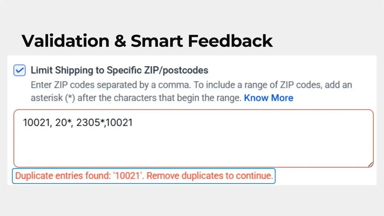 Real-time postcode validation highlighting a duplicate entry error