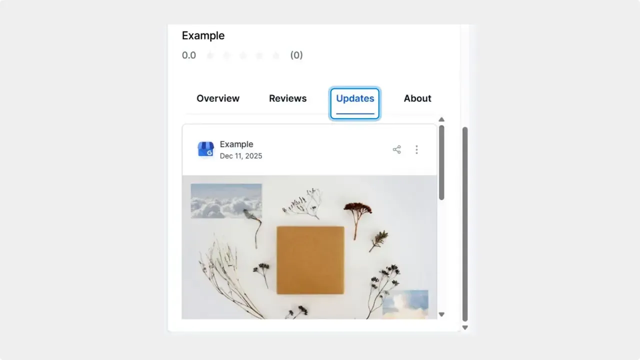 Right-side Updates preview with the Updates tab highlighted and a sample post image visible.