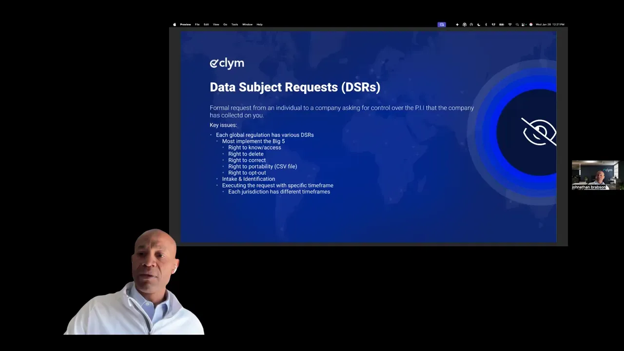 Presentation slide titled 'Data Subject Requests (DSRs)' with bulleted key issues and a presenter visible in the lower-left corner.