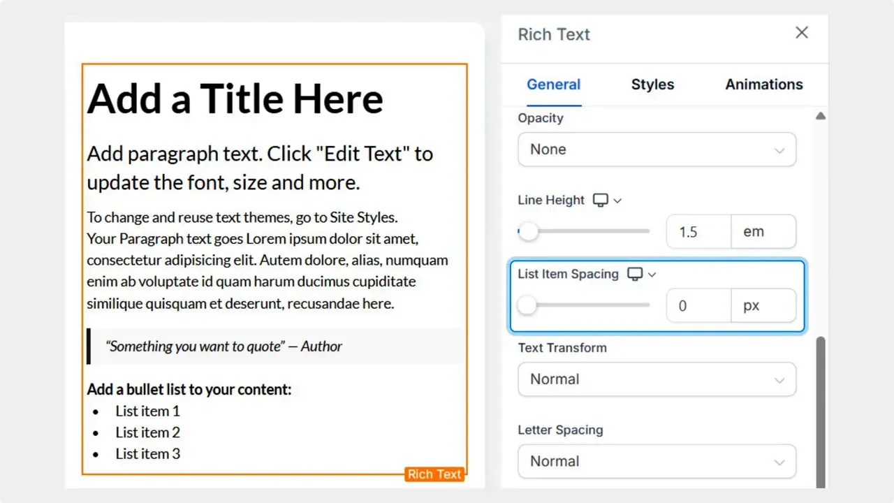 Rich Text settings panel showing Line Height and the highlighted List Item Spacing slider with numeric input (0 px) next to a sample Rich Text element.