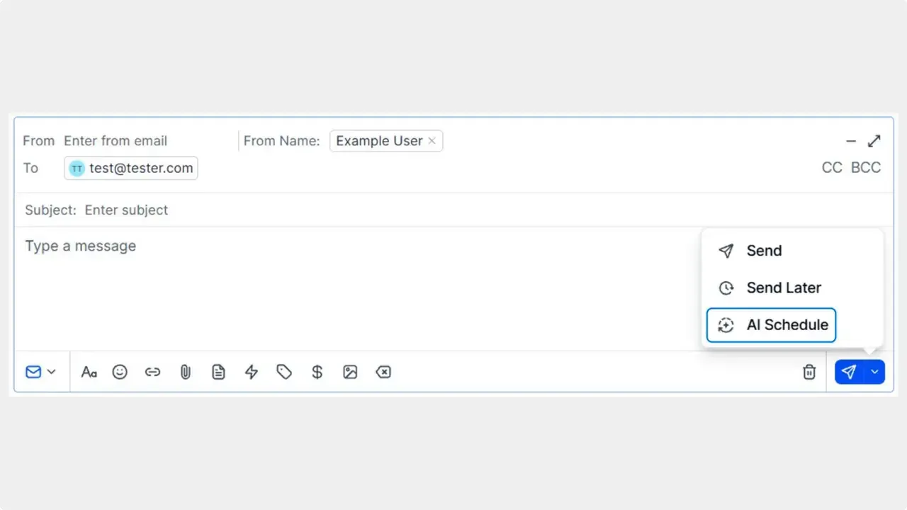 Email composer with the send dropdown open and the AI Schedule option highlighted.