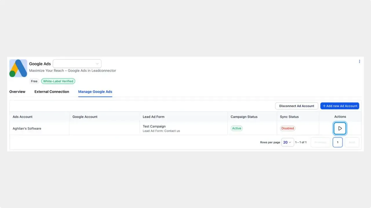 Manage Google Ads screen showing ad account list with lead form, campaign status, sync status disabled, and Actions button