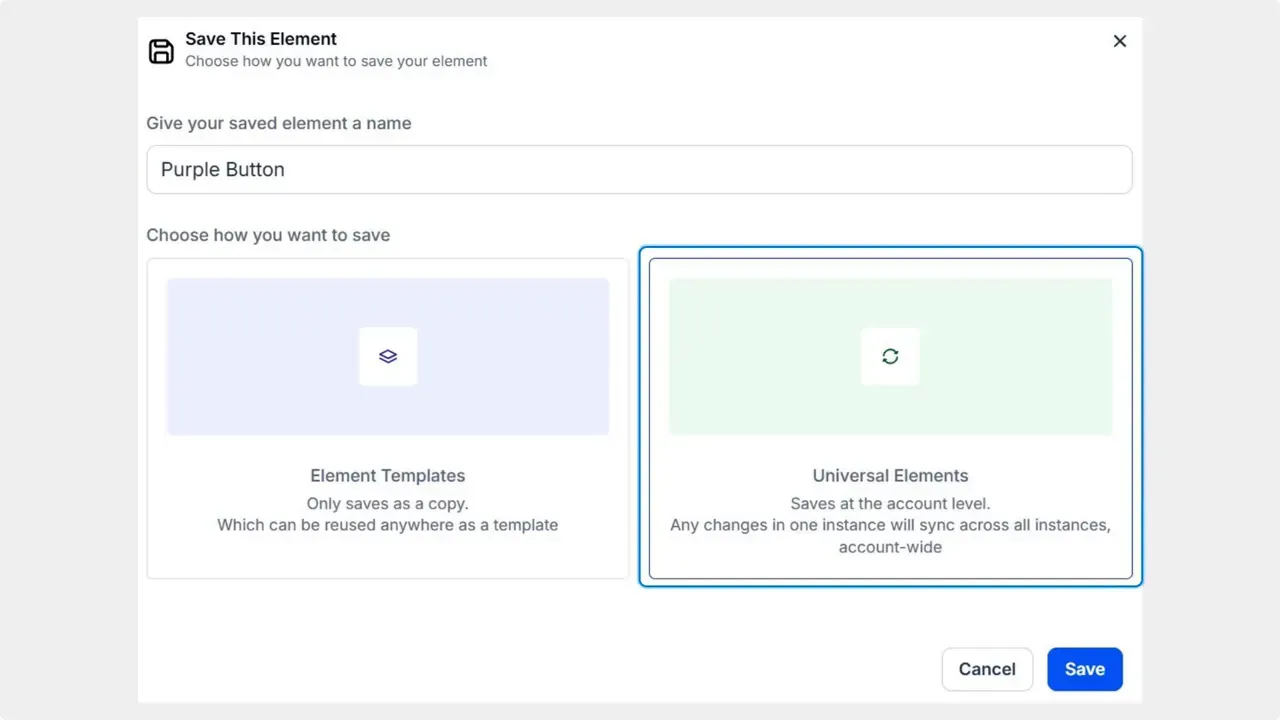 Save This Element modal with 'Purple Button' named and the Universal Elements option selected, Save button visible