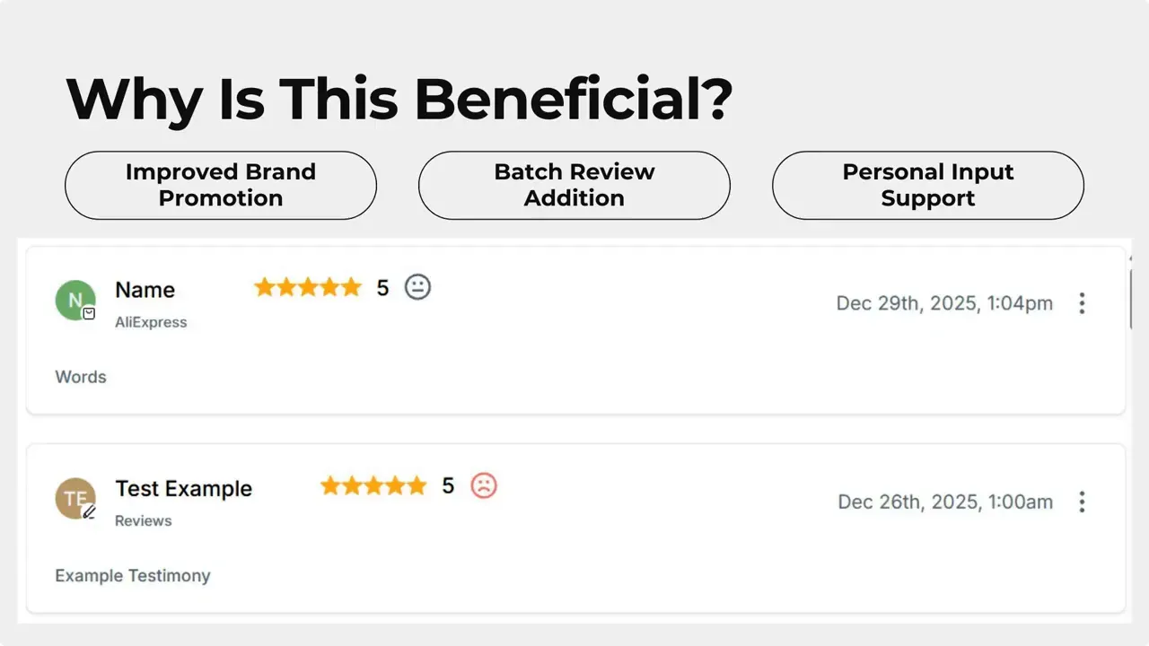 Example review list showing manually added reviews with star ratings, reviewer names and dates.