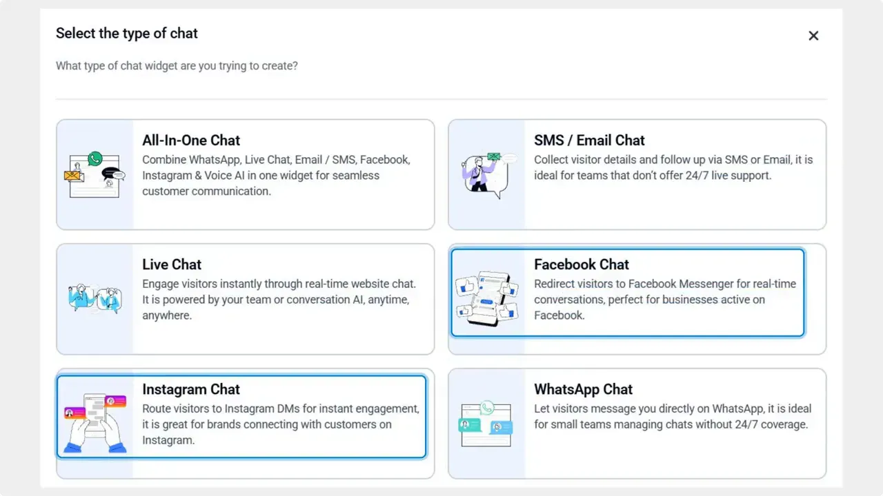 Select the type of chat dialog with options including All‑In‑One Chat, Live Chat, Facebook Chat and Instagram Chat highlighted