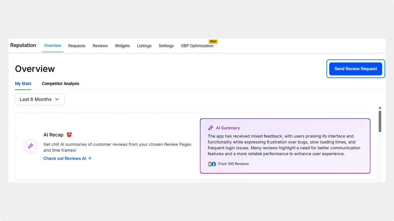 Reputation Overview screen showing Overview tab and Send Review Request button