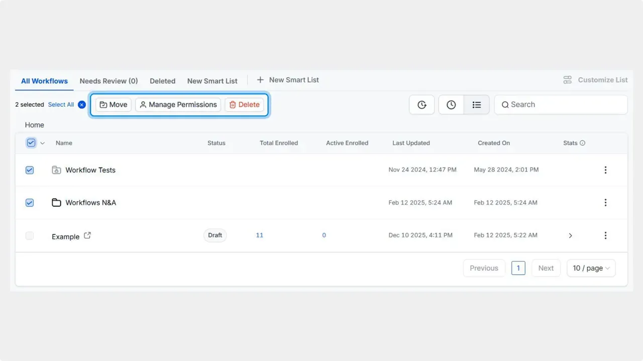Workflow list showing two items selected (a folder and a workflow) and bulk actions including Move, Manage Permissions, and Delete.