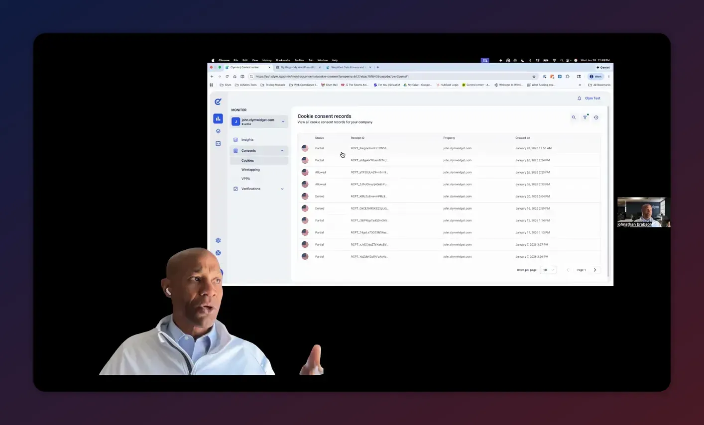 Clear table of cookie consent records showing status, receipt ID, property and creation date — useful for audit trails.