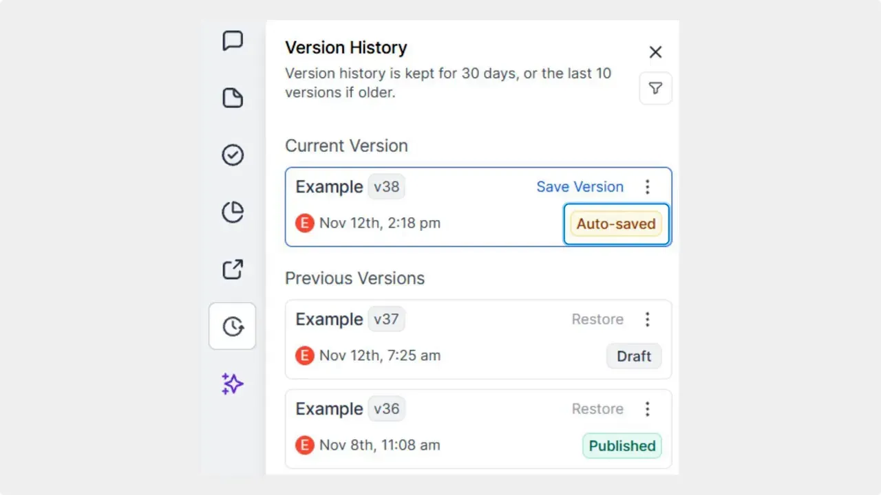 Version History panel showing current version entry labeled 'Auto-saved' and previous versions listed below.