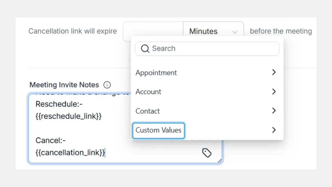 Dropdown tag menu open showing options including 'Custom Values' above a meeting invite notes area
