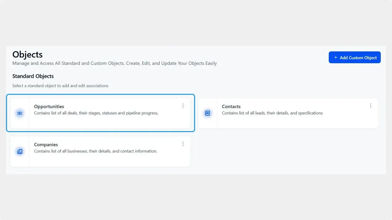 Objects settings page with Opportunities card highlighted