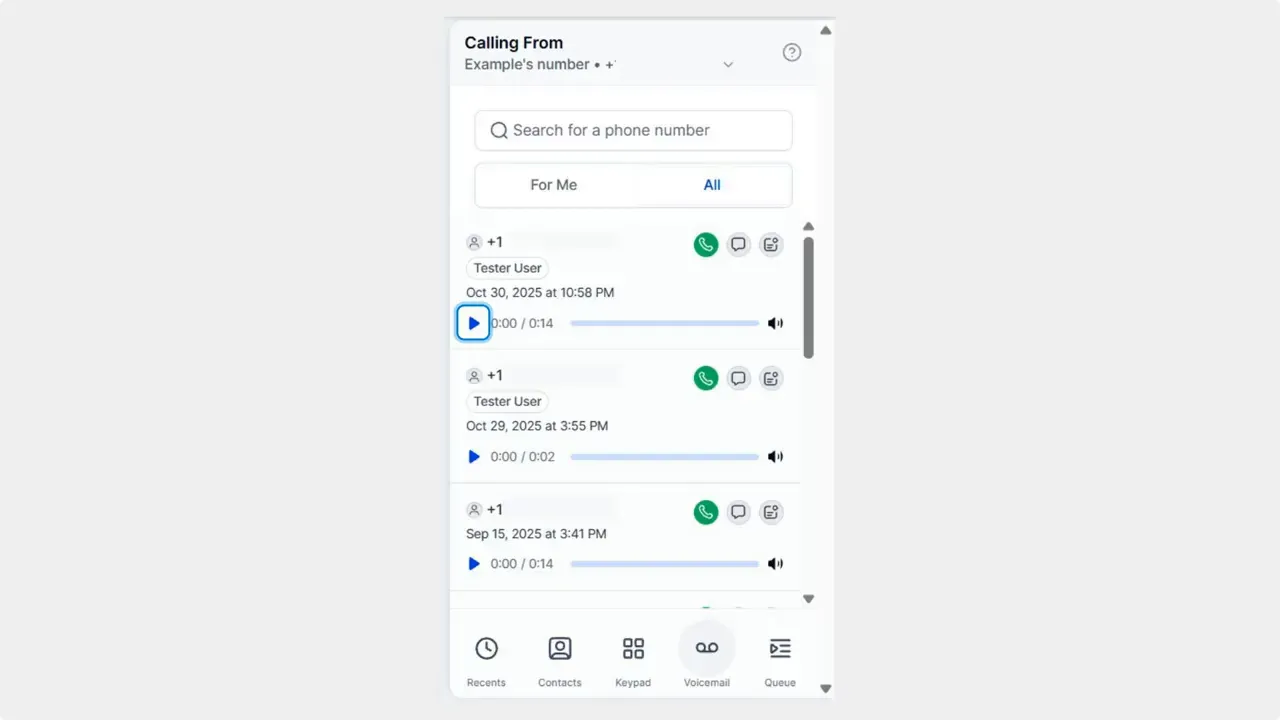 Voicemail tab showing multiple message cards with caller name, date/time, play buttons and playback progress bars
