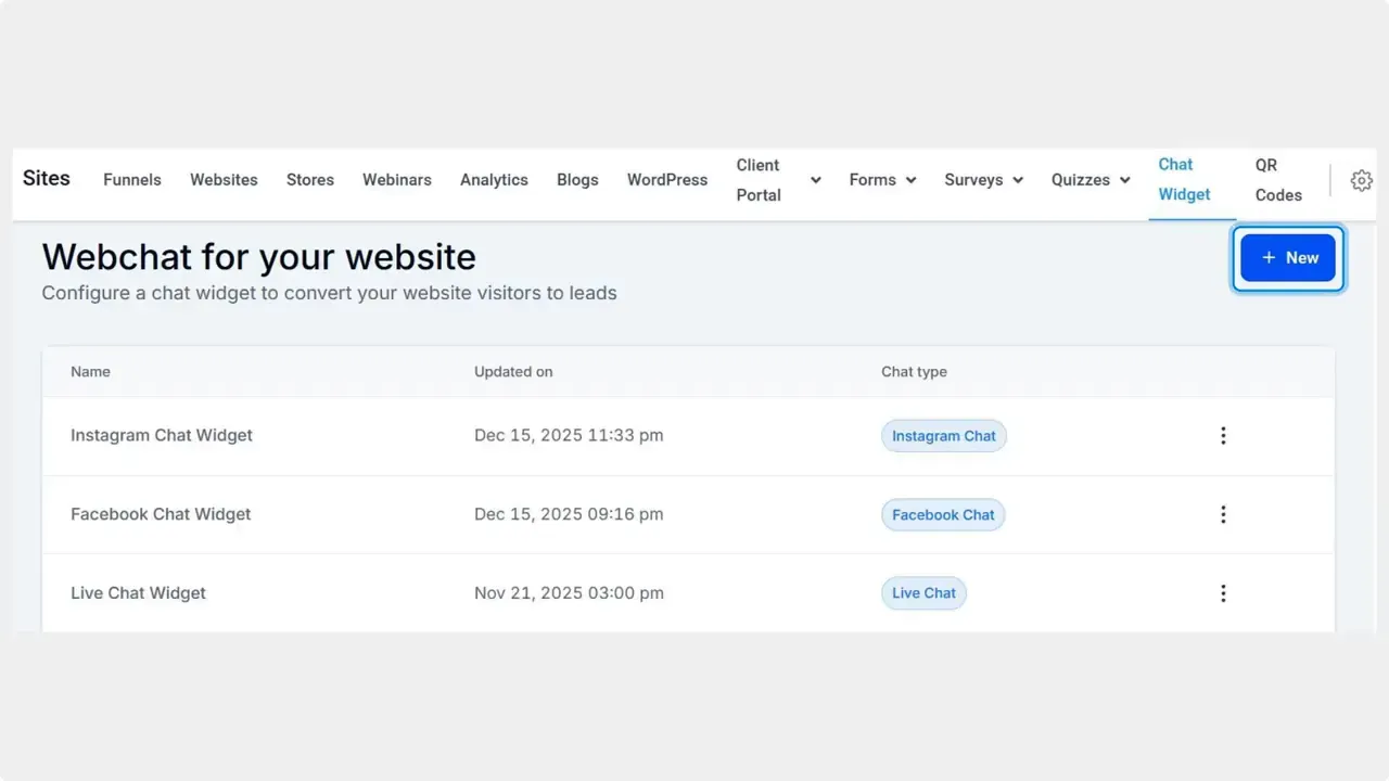 Webchat for your website dashboard showing a list of chat widgets and a highlighted New button in the Chat Widget tab.