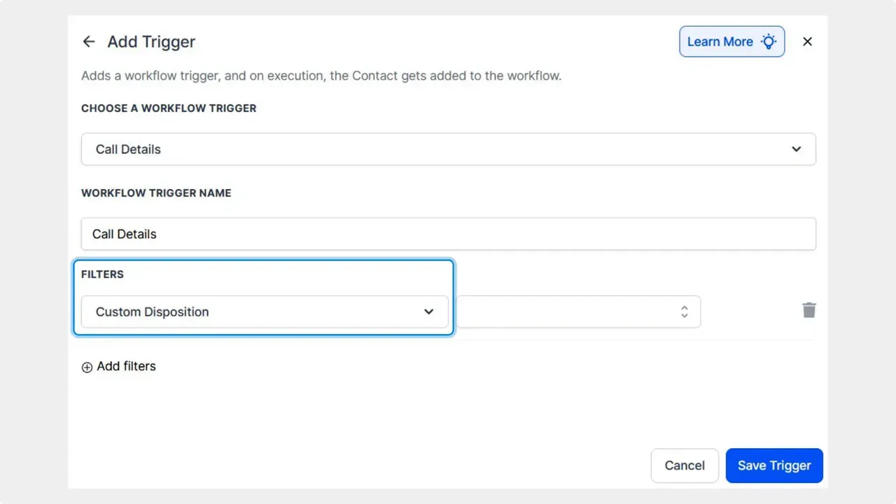 Add Trigger dialog in workflows with 'Call Details' selected and a highlighted 'Custom Disposition' filter.