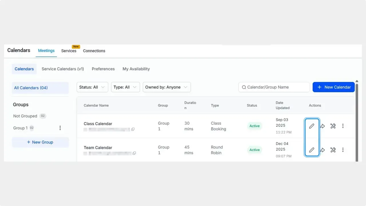 Calendar list view showing calendars with actions column and pencil edit icons highlighted