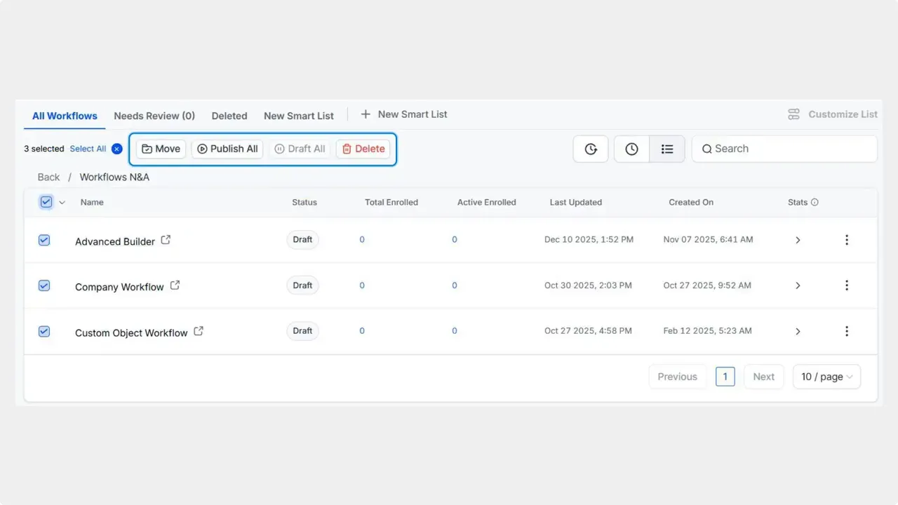 Workflow list with three items checked and bulk action buttons across the top including Move, Publish All, Draft All and Delete