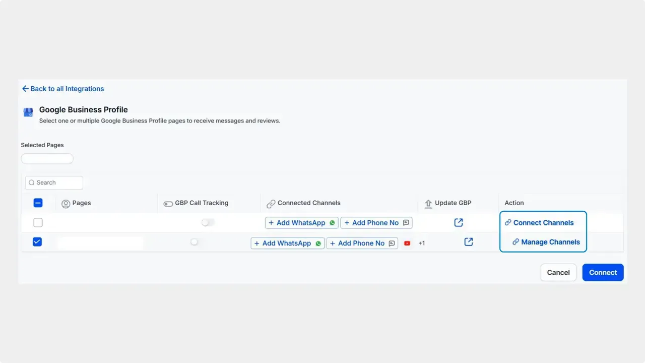 Manage Pages option in Integrations