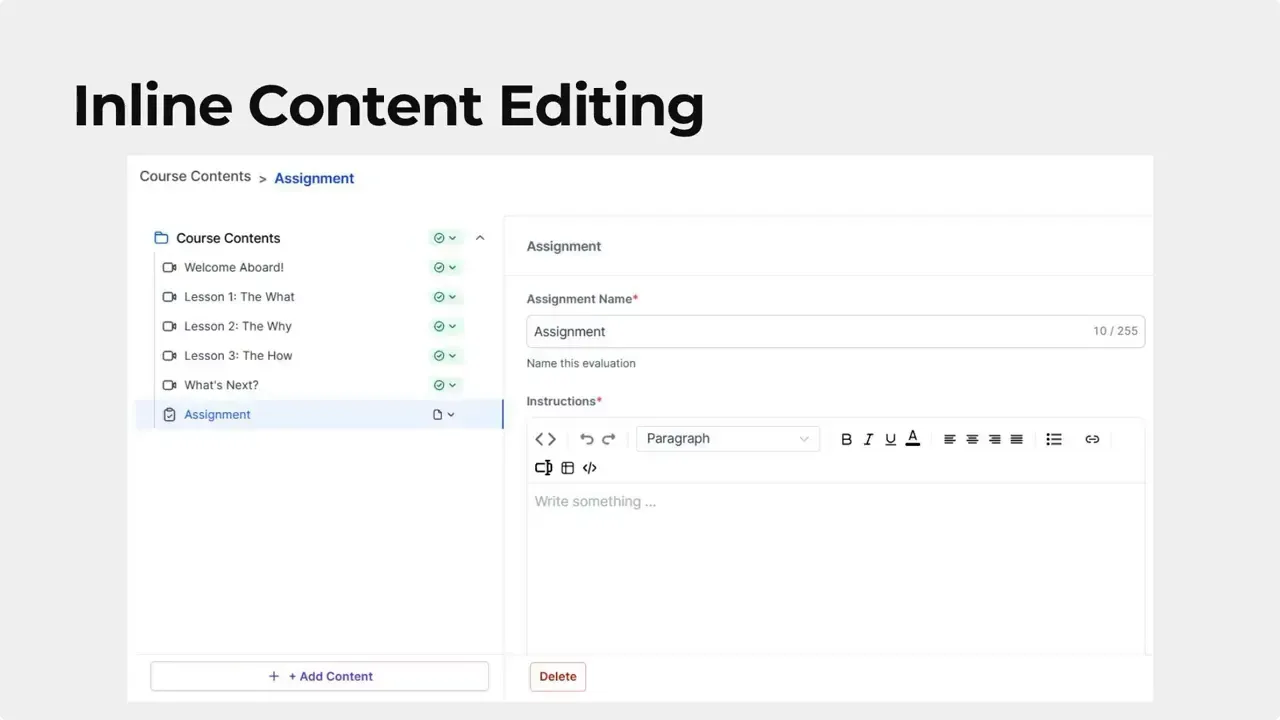 Course Builder inline content editing view showing course contents list on the left and an assignment editor on the right.