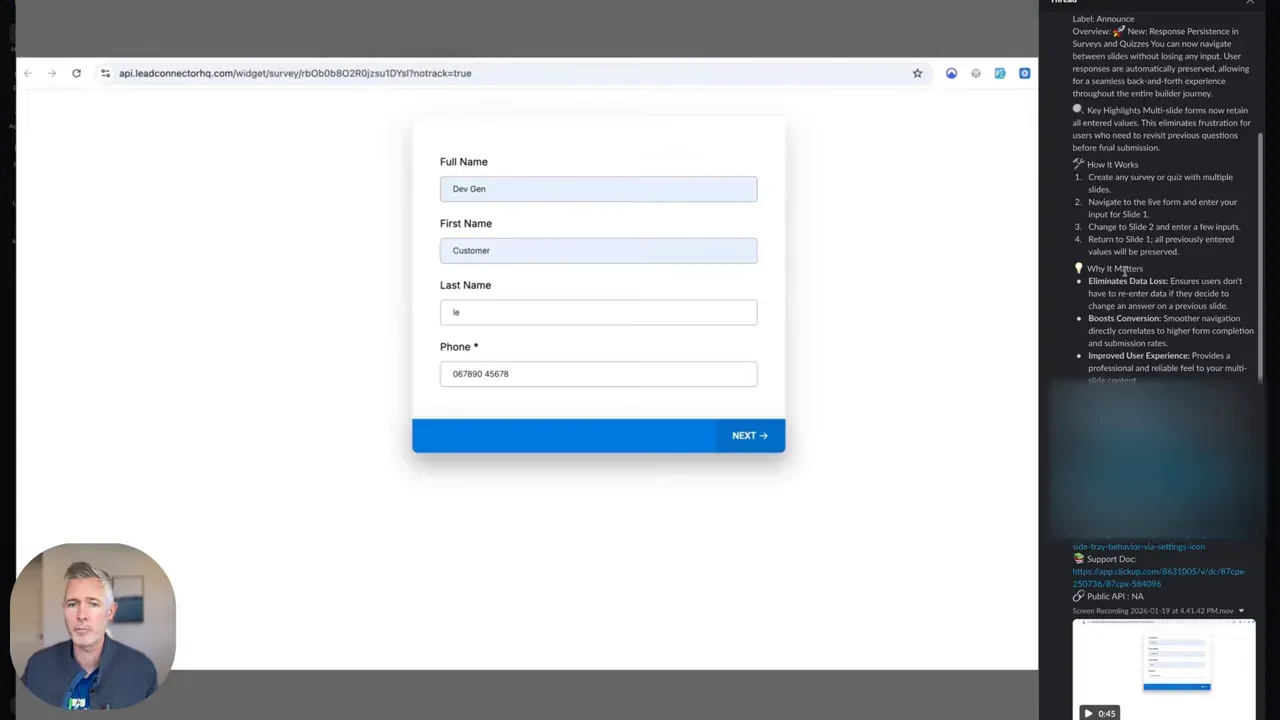 Prefilled contact form showing preserved values for Full Name, First Name and Phone