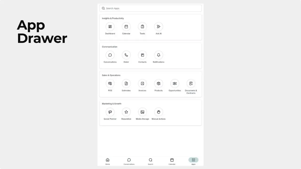 Mobile app drawer UI showing categorized app icons like Dashboard, Calendar, Tasks, Ask AI, Conversations, Contacts, POS and Invoices with a bottom navigation bar.
