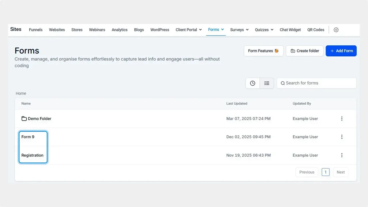 Forms dashboard in Sites showing a list of forms and the top navigation with Forms selected