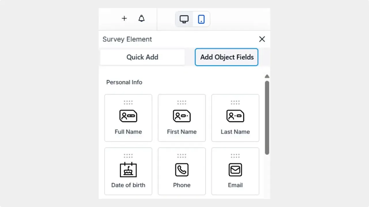 Element panel in form builder with the Add Object Fields tab active and personal info field tiles visible.