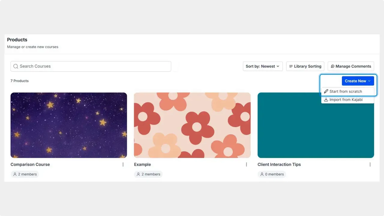 Courses Products page showing three course thumbnail cards and the Create New dropdown with 'Start from scratch' highlighted.