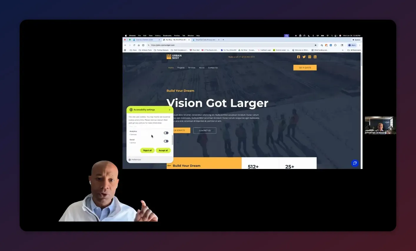 Clear screenshot of a website with an accessibility settings cookie consent modal; presenter pointing to the modal