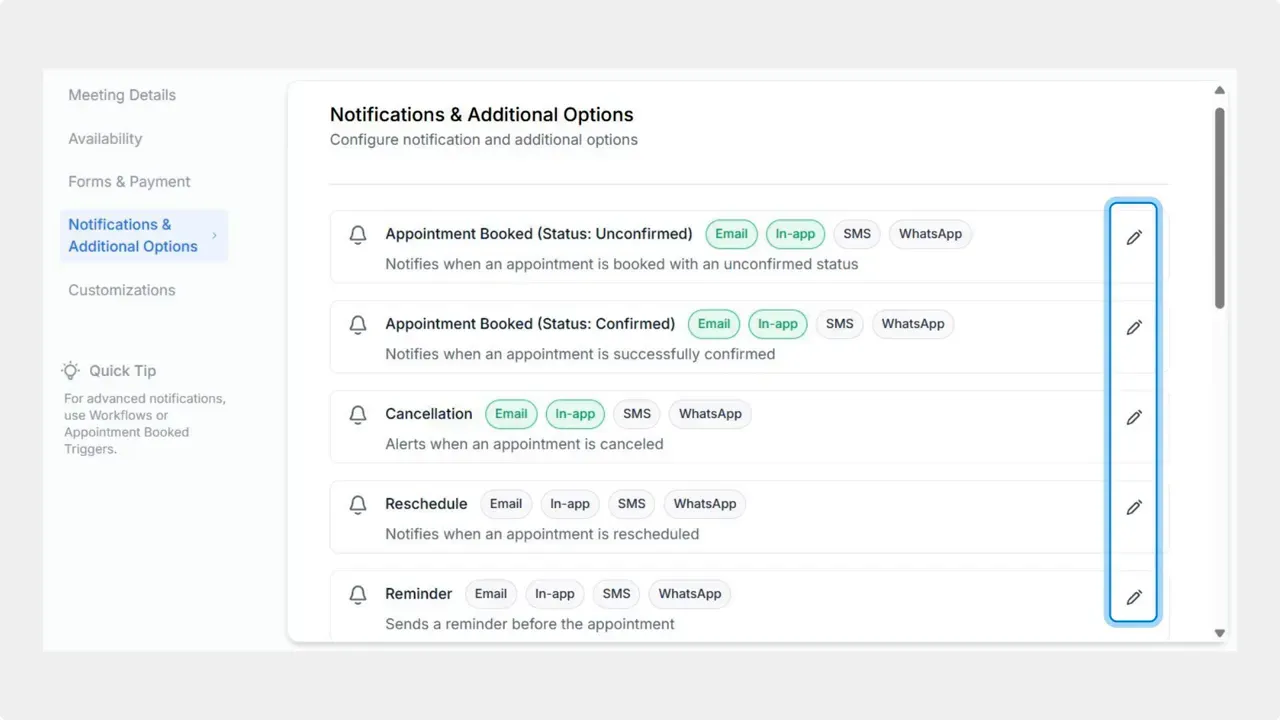 Notifications & Additional Options view with pencil icons highlighted for editing reminders