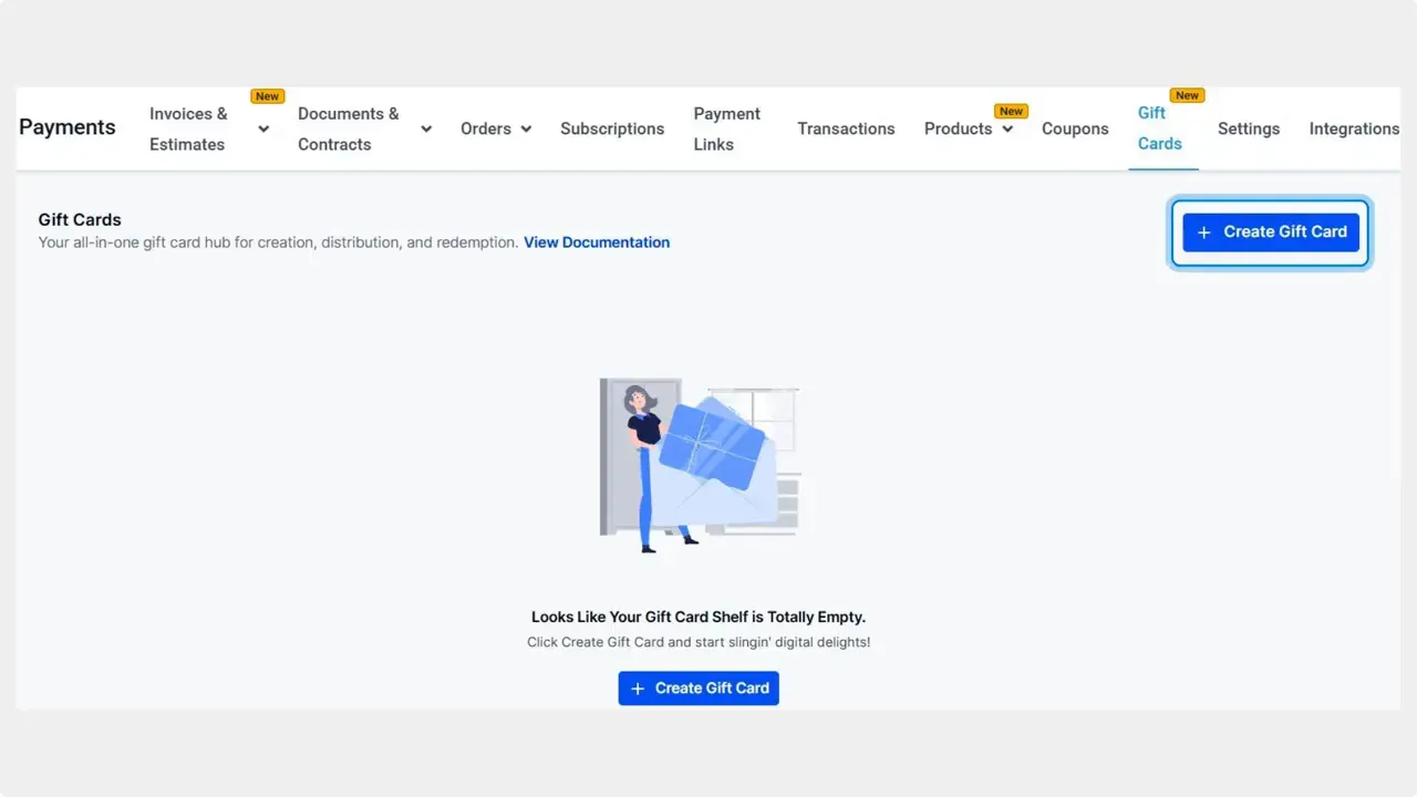 Pinnacle Payments Gift Cards hub showing a prominent Create Gift Card button