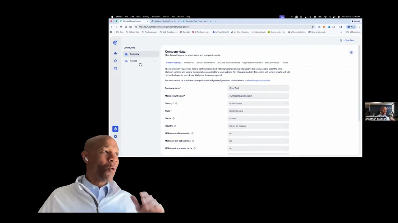 Admin console showing company data fields such as company name, main account email, country and sector.