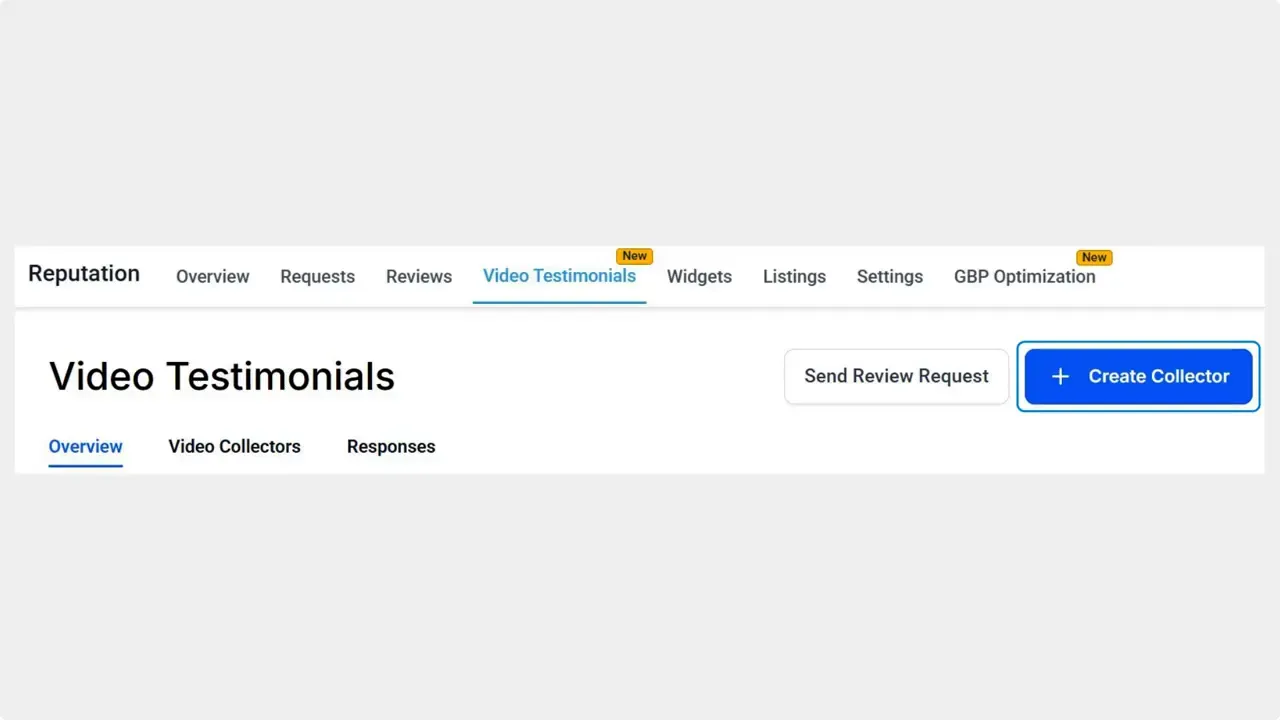 Pinnacle dashboard showing Reputation menu with Video Testimonials tab and Create Collector button