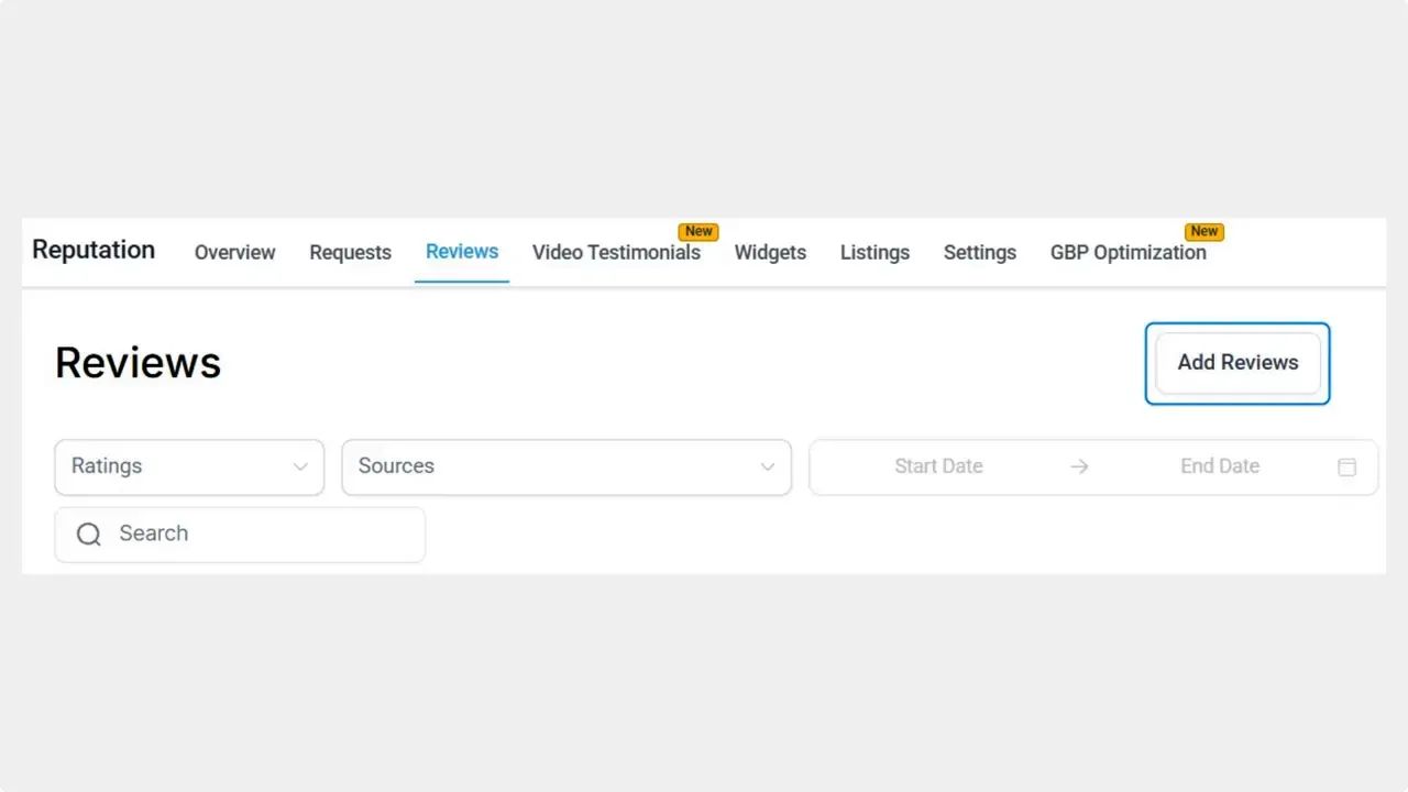 Reputation dashboard Reviews tab with Add Reviews button