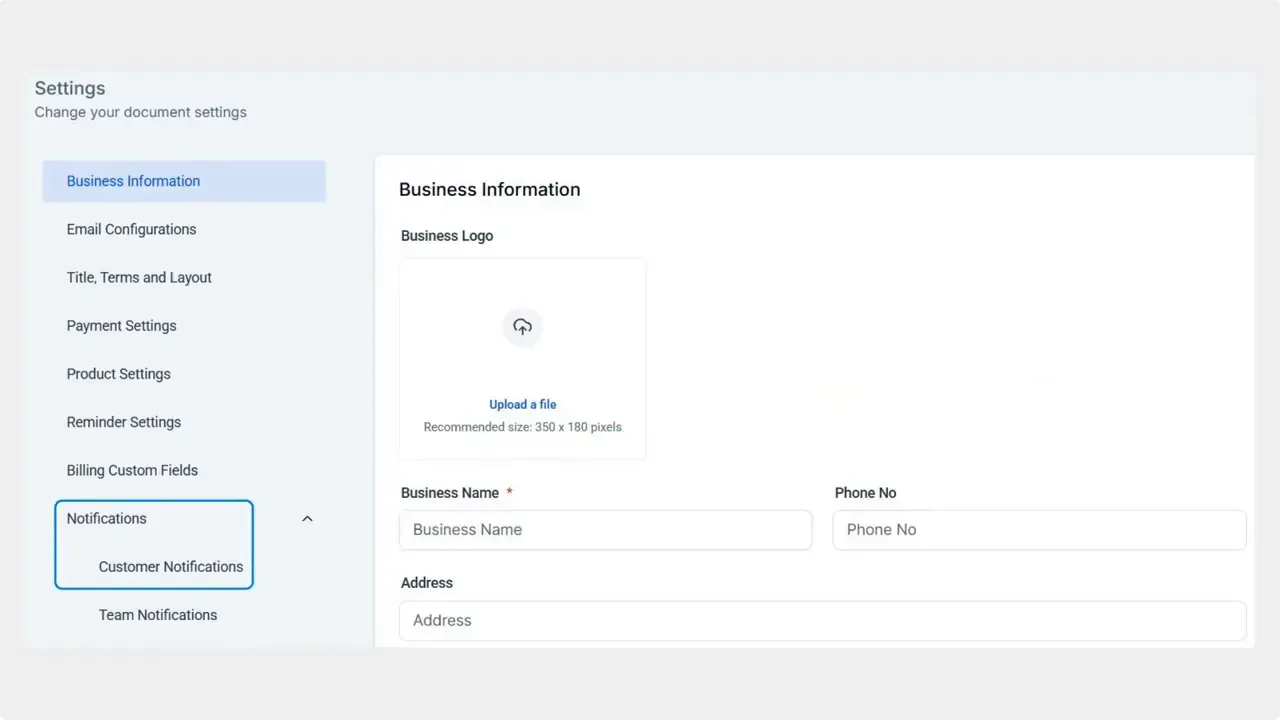 Settings screen with Notifications expanded and Customer Notifications highlighted