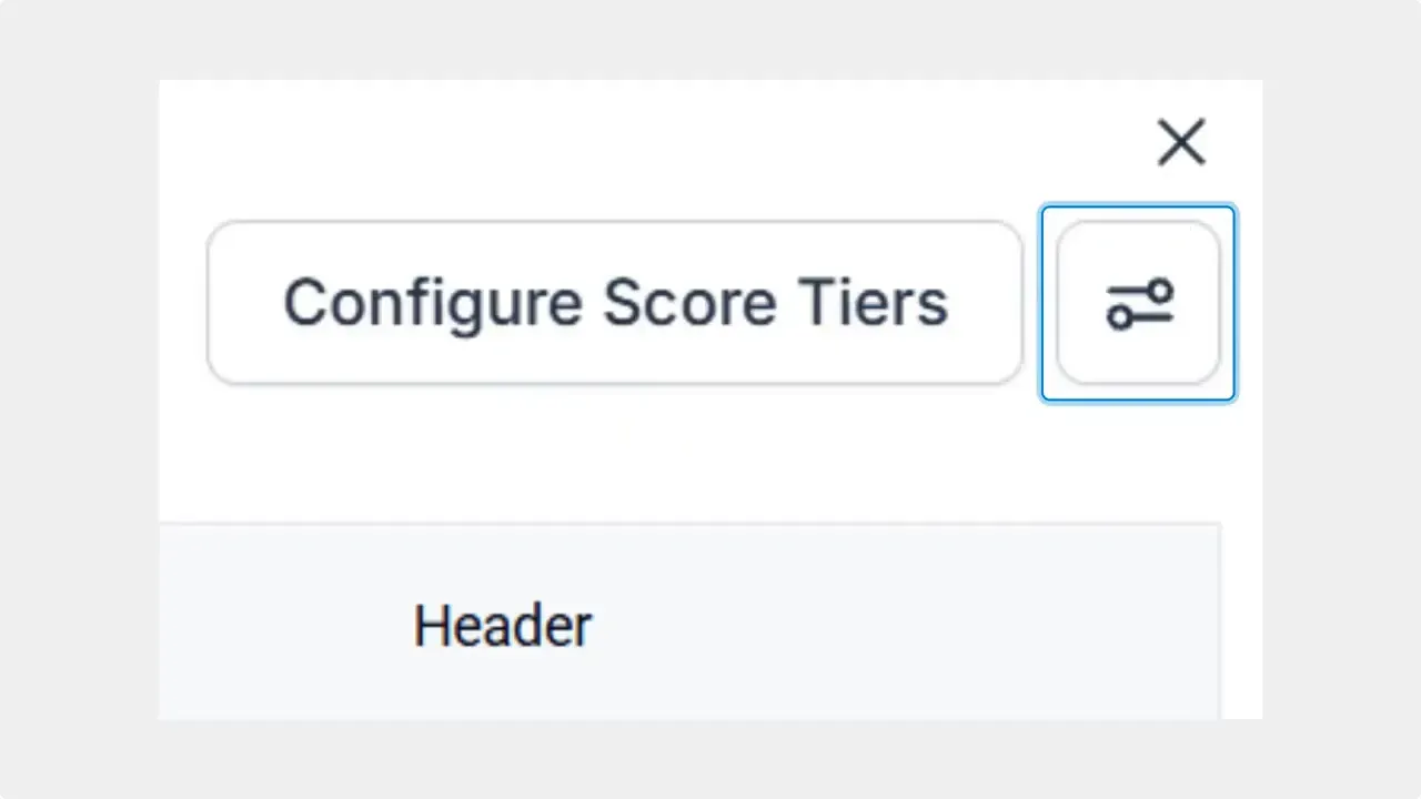 Close-up of the quiz builder showing a 'Configure Score Tiers' button with a highlighted dial/settings icon in the top right.