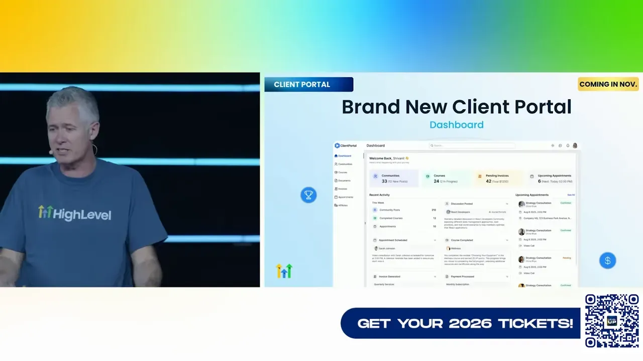 Client portal slide showing dashboards and course access