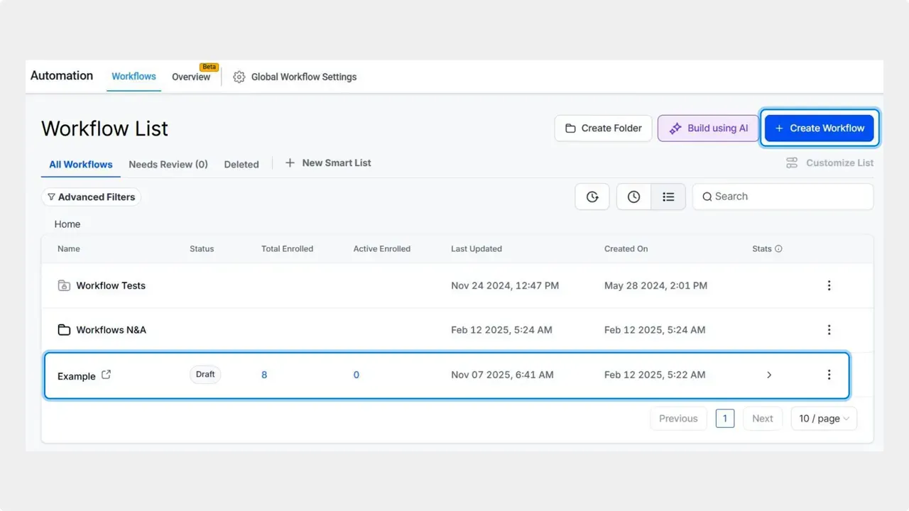 Workflows tab inside the Automation section