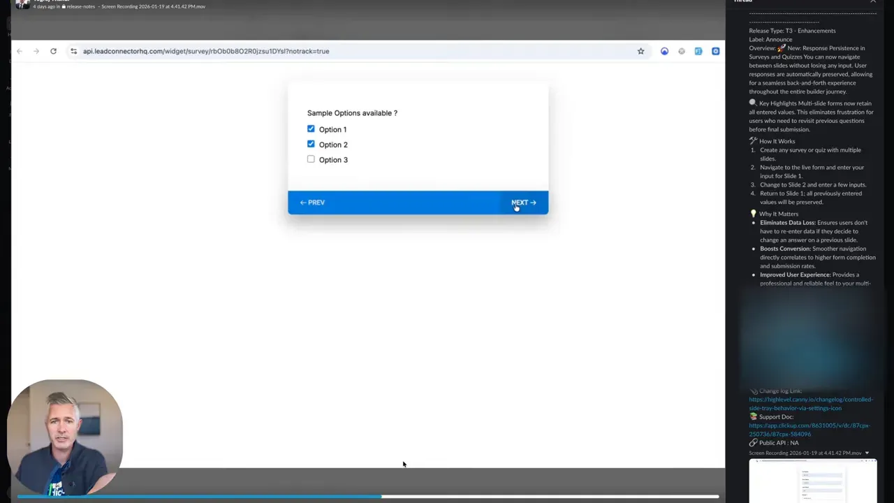 Survey slide with two checkboxes selected and the Next button highlighted, demonstrating retained answers.