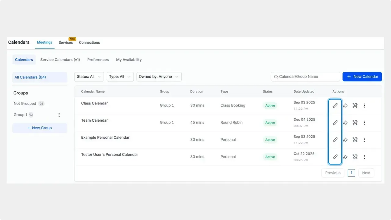 Pinnacle calendar list showing multiple calendars with edit (pencil) icons highlighted