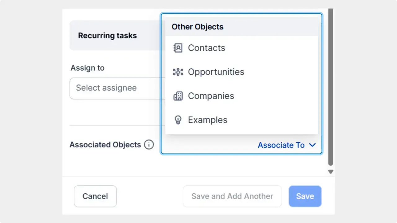 Associate To dropdown menu showing Contacts, Opportunities, Companies and Examples