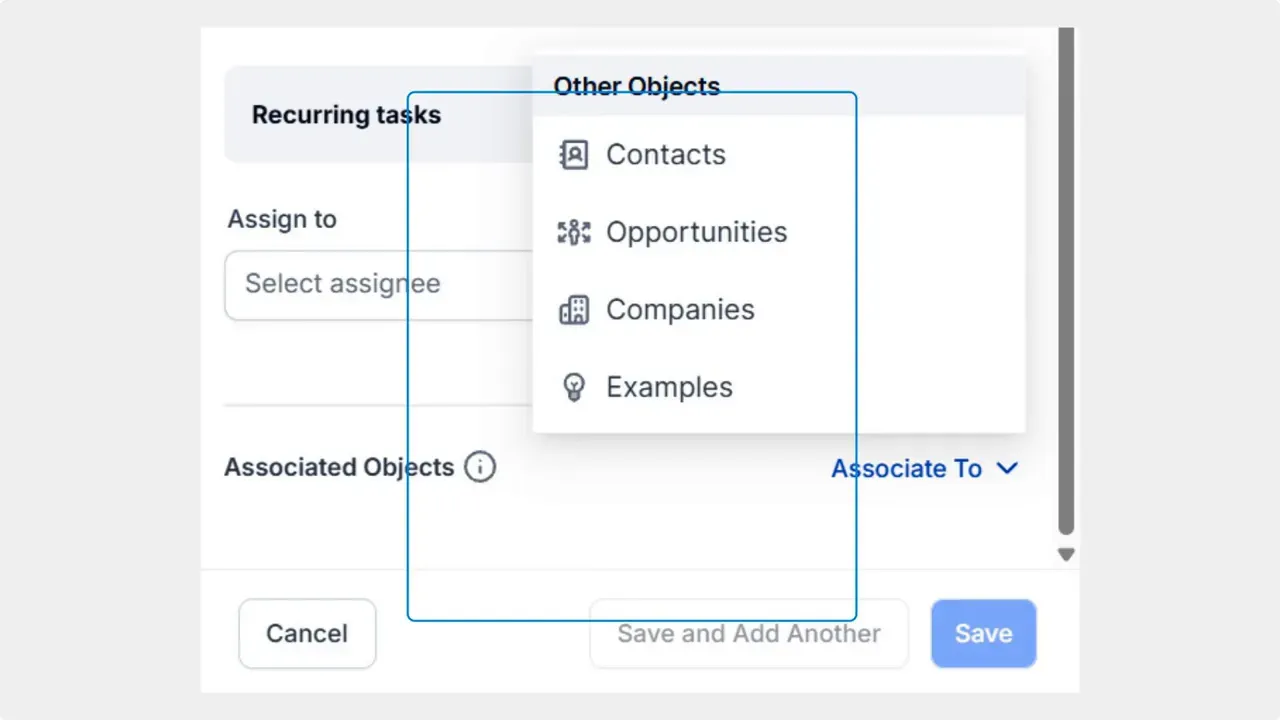 CRM task form showing the 'Associate To' dropdown menu listing Contacts, Opportunities, Companies and Examples.