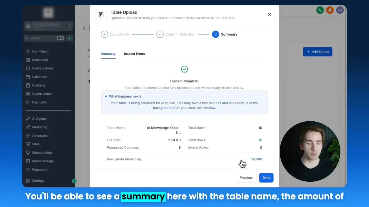 HighLevel Table Upload summary modal showing table name, total rows, valid rows, processed columns and file size